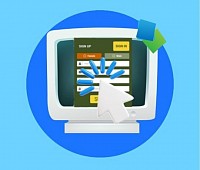 Blue background desktop computer mouse arrow clicking a PTC site sign up menu